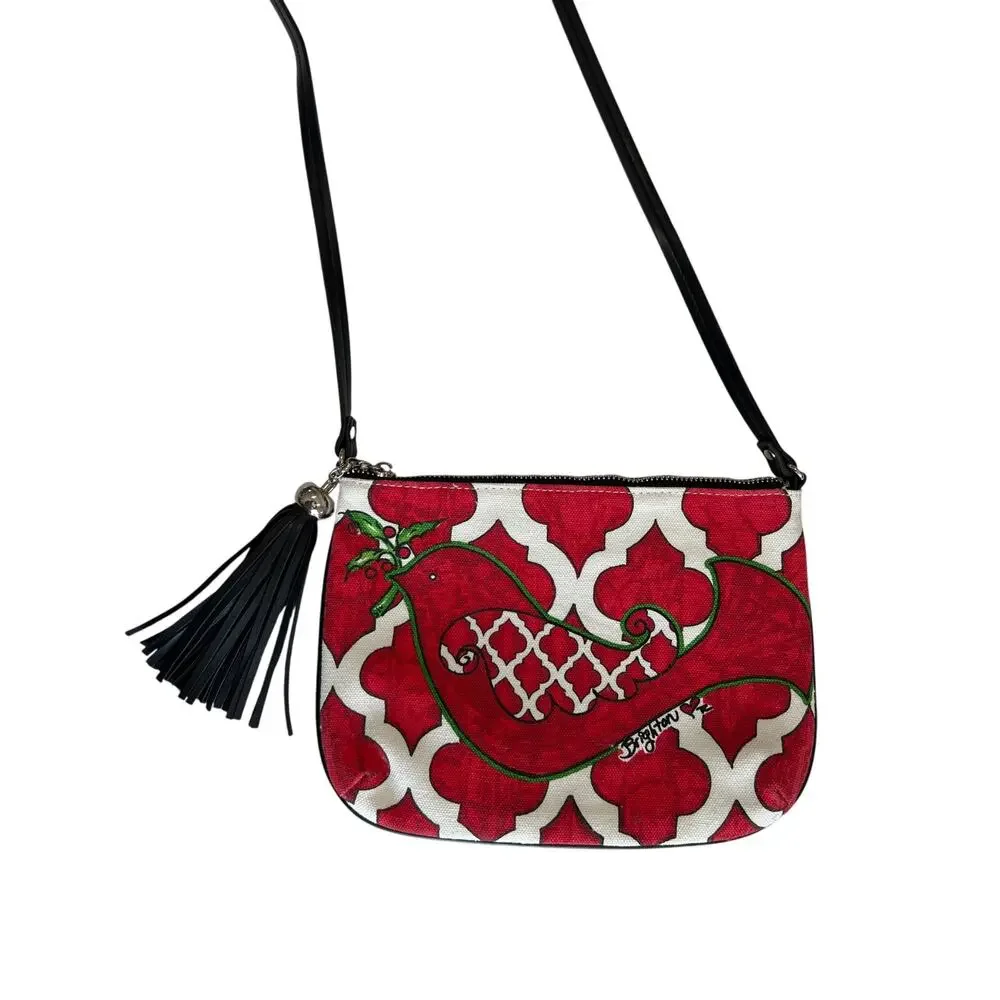 BRIGHTON Love Dove Crossbody Bag Canvas Bird Holiday Purse Red White Tassel